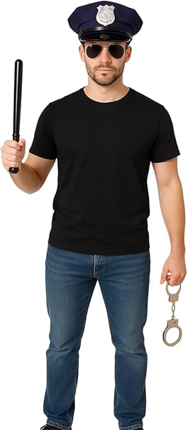 labreeze Policeman Costume Accessory Set – Adult Police Hat, Aviator Sunglasses, Handcuffs with Keys & Truncheon – Men’s Fancy Dress Uniform Kit for Halloween, Cosplay & Themed Parties