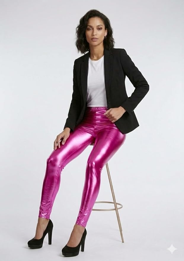 Hot Pink Metallic Leggings for Adults – High Shine Bold Fancy Dress Party Wear - Labreeze Ltd