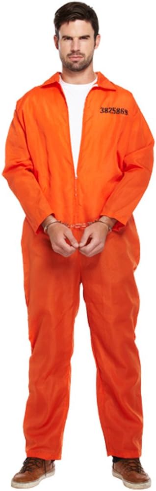Classic Orange Prisoner Overall Jumpsuit – Adult Convict Inmate Boiler Suit Fancy Dress Costume for Halloween, Parties & Themed Events