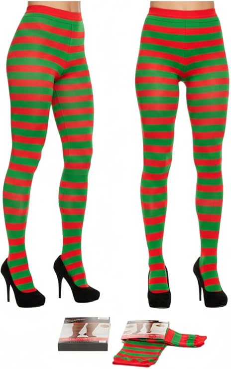 labreeze Pack of 2 Women’s Red and Green Christmas Tights – Festive Striped Elf Tights for Holiday Costumes & Seasonal Events