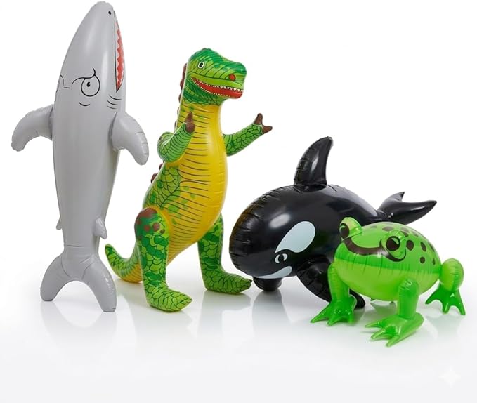 labreeze Set of 4 Inflatable Animal Toys – Shark, T-Rex Dinosaur, Whale & Frog Party Decorations - Labreeze Ltd