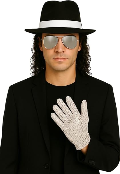labreeze Black Al Capone Gangster Hat, Silver Sequin Glove & Pop Icon Mirror Lens Glasses – Fancy Dress Accessory Set for Men & Women, 80s/90s Themed Party Costume