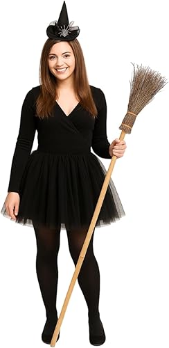 Set:  Product Title:  Witch Costume Accessories Set for Women & Girls – Includes Witch Hat Headband with Diamante Spider, Wooden-Style Broomstick, Black OTK Socks & 3-Layer Black Tutu Skirt – Halloween Fancy Dress