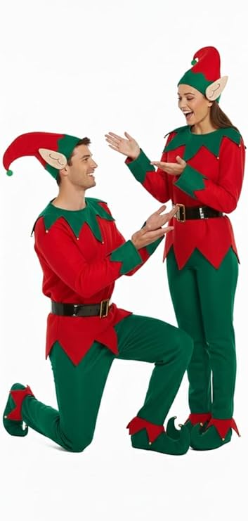 labreeze Pack of 2 Christmas Elf Costumes for Adults – One Size Couples Fancy Dress Set