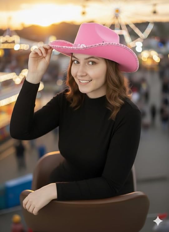 labreeze Pink Cowboy Hat with Sequin Braid Trim – Western Style Felt Hat for Adults