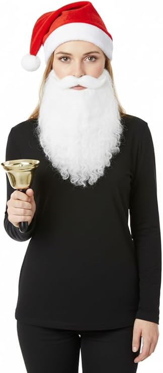 labreeze Santa Hat with Santa Beard & Gold Hand-Held Bell – Women’s Christmas Fancy Dress Accessory Set