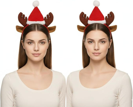 labreeze Pack of 2 Reindeer Antler Headbands with Ears and Santa Hat – Christmas Hair Accessories for Women