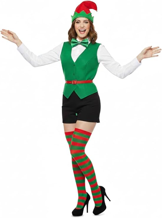 Labreeze Christmas Elf Costume Accessory Set – Hat, Striped Tights & Green Bow Tie
