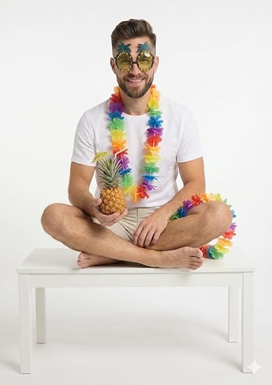 Hula Lei and Pineapple Glasses Set – Multicoloured Neon Lei & Yellow Lens Tropical Party Accessories