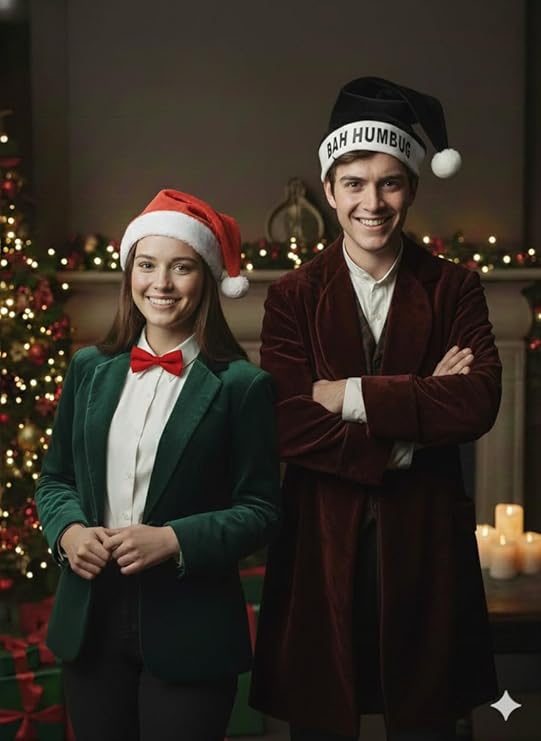 Labreeze Couples Christmas Set with Bah Humbug Hat, Santa Hat and Red Bow Tie – Festive Holiday Costume Accessories