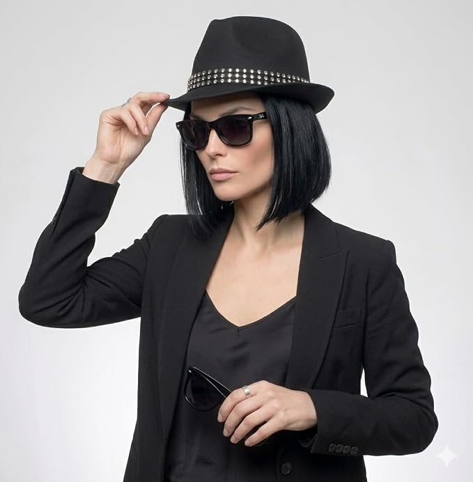 labreeze Black Trilby Hat with Gem Stone Band & Austin Glasses Set – Adult Fancy Dress Costume Accessories