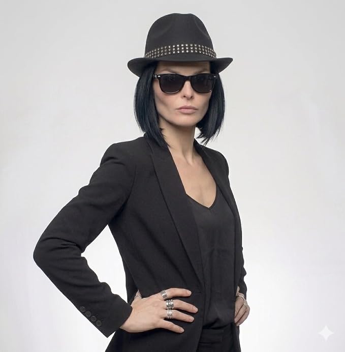 labreeze Black Trilby Hat with Gem Stone Band & Austin Glasses Set – Adult Fancy Dress Costume Accessories