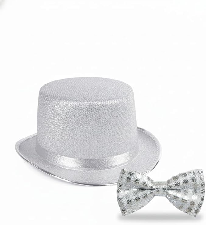 labreeze Silver Lurex Top Hat and Silver Sequin Bow Tie Set – Adult New Year’s Eve Party Costume Accessories