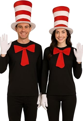 labreeze Couples’ Red and White Top Hat Costume Set – 2 Tall Striped Hats, 2 Red Bow Ties (34×23.5cm) & 2 Pairs White Gloves – Fancy Dress for Men & Women