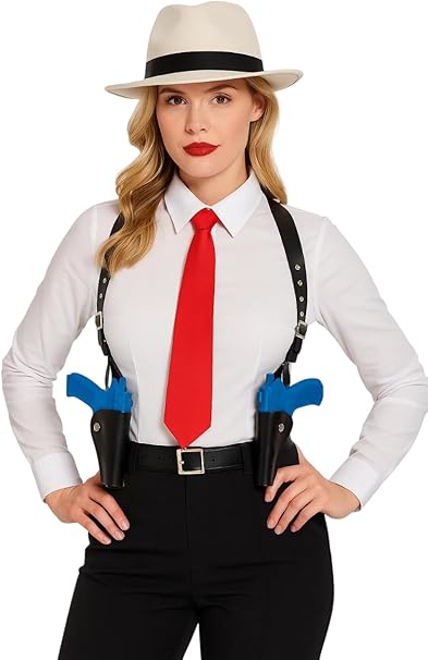 labreeze Women’s Gangster Costume Accessory Set – White Al Capone Hat, Red Tie & Twin Thigh Holsters with Toy Guns – Fancy Dress Outfit for 1920s, Speakeasy, Halloween & Themed Parties