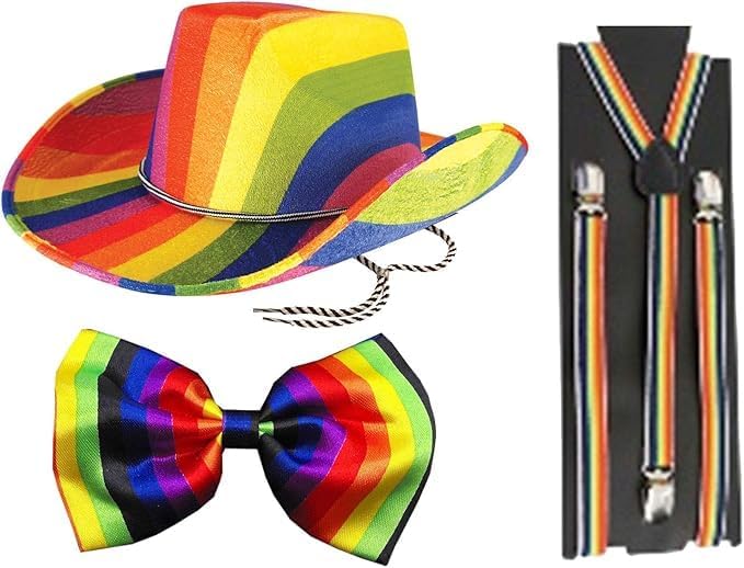 Labreeze 2 x Adults Rainbow Cowboy Felt Hat Bow Tie Braces Gay Pride Fancy Dress Set