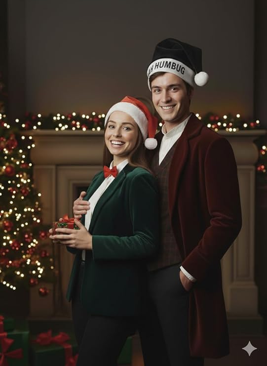 Labreeze Couples Christmas Set with Bah Humbug Hat, Santa Hat and Red Bow Tie – Festive Holiday Costume Accessories
