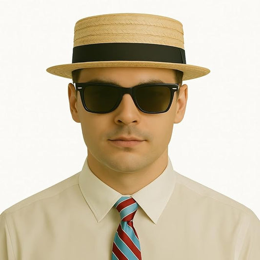 Classic Straw Boater Hat – Vintage Flat Top Summer Hat with Ribbon Band – Retro Skimmer Hat for Men & Women – Perfect for Fancy Dress & Outdoor Events in Beige