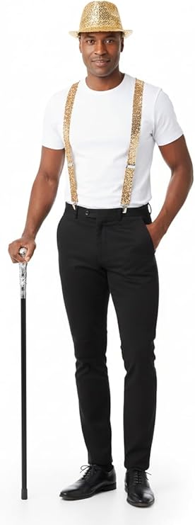 labreeze Gold Sequin Gangster Hat with Matching Braces and Silver Pimp Stick – Adult Christmas Fancy Dress Accessory Set