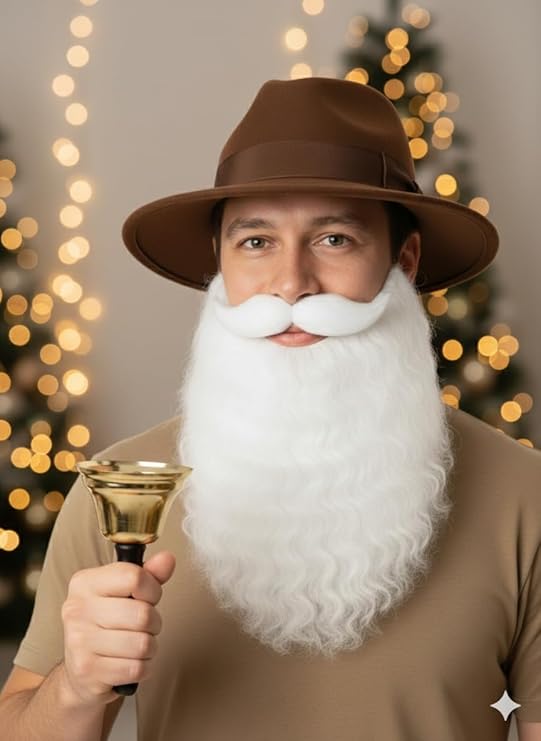 labreeze Brown Explorer Hat with Santa Beard & Gold Hand-Held Bell – Men’s Christmas Fancy Dress Accessory Set