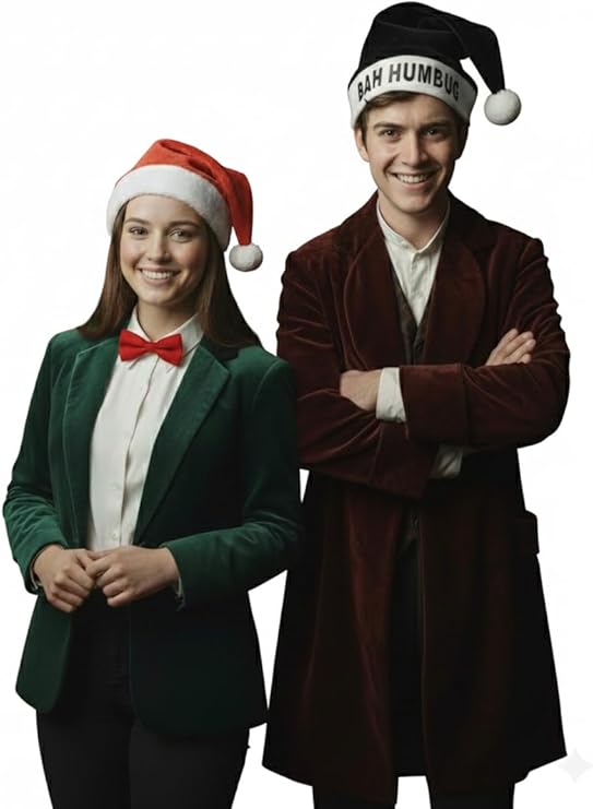 Labreeze Couples Christmas Set with Bah Humbug Hat, Santa Hat and Red Bow Tie – Festive Holiday Costume Accessories