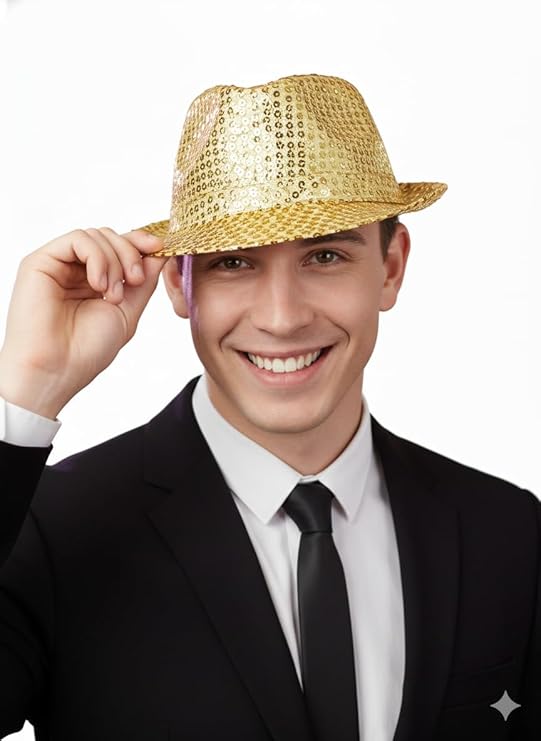 Labreeze Gold Sequin Gangster Hat (Adult) – Sparkly Fancy Dress Fedora for Christmas & Party Costumes