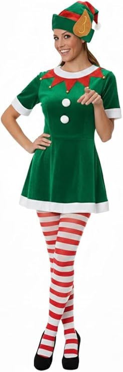 labreeze Women’s Red and White Christmas Tights & Elf Hat with Ears Set – Festive Elf Fancy Dress Accessories