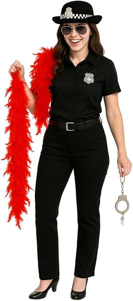 Labreeze Policewoman Fancy Dress Accessories Set – Hat, Badge, Handcuffs, Red Feather Boa & Black Sunglasses – Adult Women’s Costume Kit