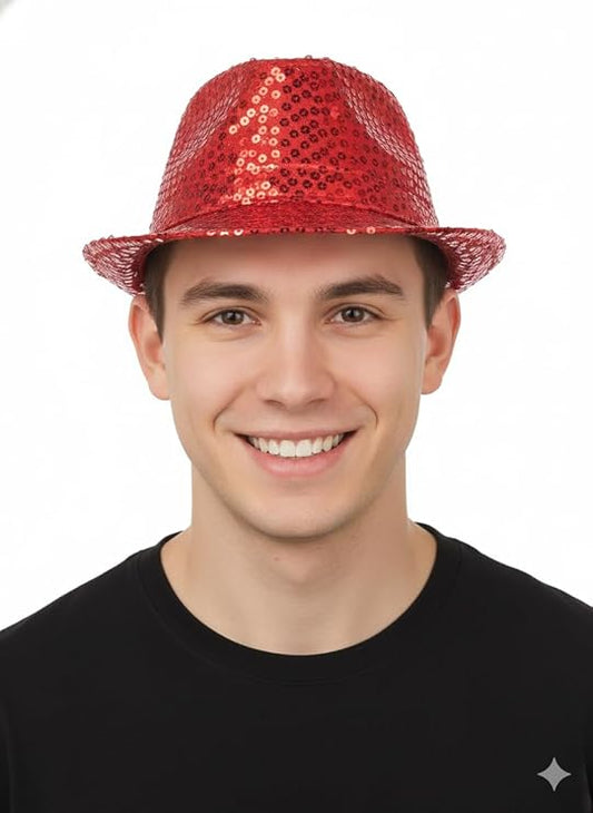 Labreeze Red Sequin Gangster Hat (Adult) – Sparkly Fancy Dress Fedora for Christmas Parties