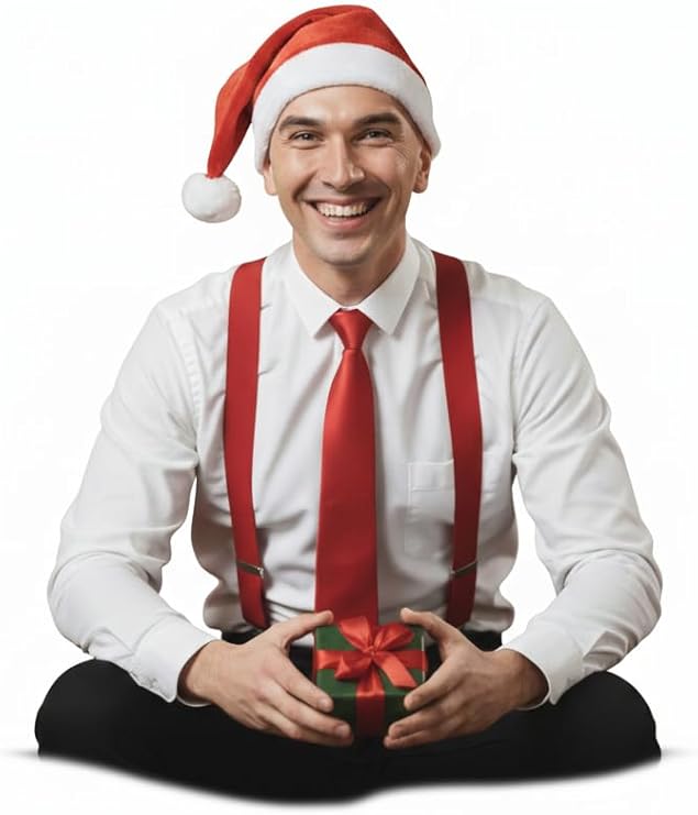 Labreeze Santa Helper Accessory Set – Red Suspenders, Red Tie & Santa Hat for Adults
