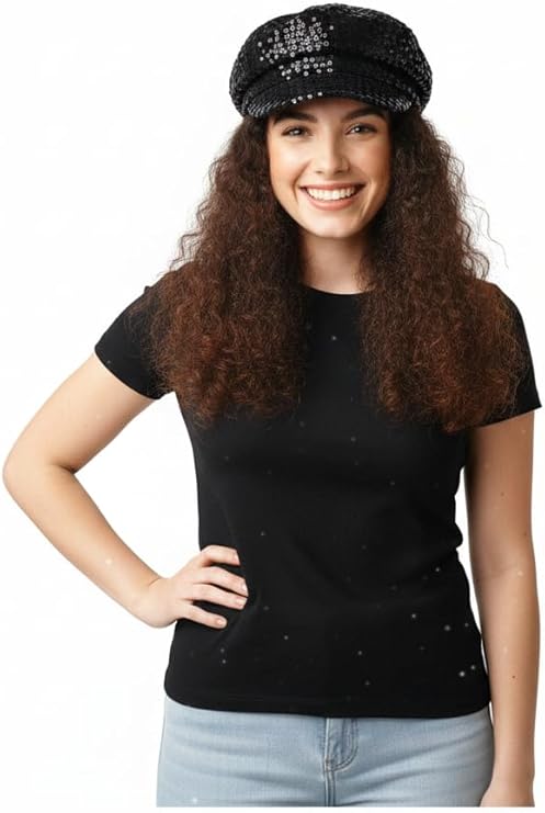 labreeze Black Sequin Newsboy Cap – 70’s Disco Style Adult Costume Accessory Hat, One Size