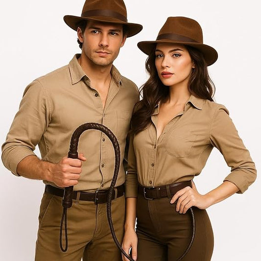 labreeze Safari Explorer Costume Set, 2 Brown Hats with 2m Whip, Unisex Adult Adventure Themed Fancy Dress Accessories