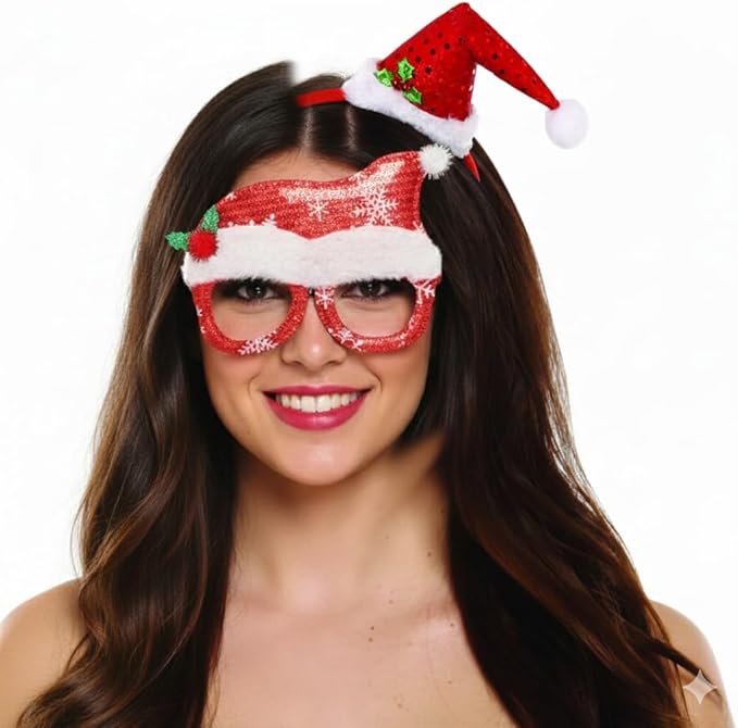 Labreeze Mini Santa Hat Headband & Christmas Glasses Set – Red Festive Holiday Accessory for Adults