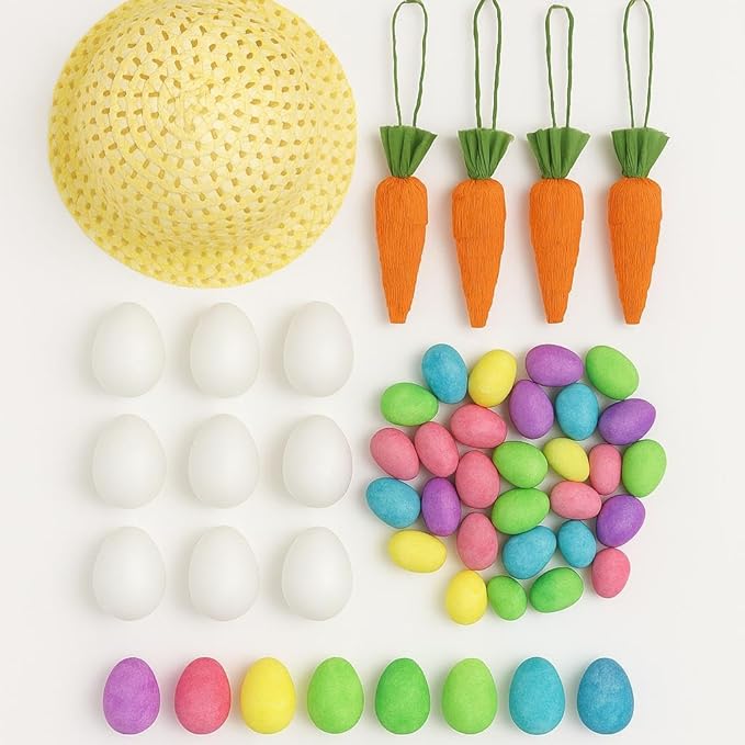 labreeze Children’s Bonnet Hat – DIY Craft Kit with 4 Carrots, Green Paper Rope, 8 Foam Eggs & 8 Glitter Eggs – Kids’ Fancy Dress Hat for Parades & School Competition