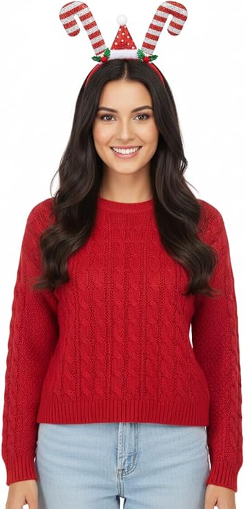 labreeze Tinsel Candy Cane Sticks with Santa Hat Christmas Headband – Festive Holiday Party Accessory, Red and White Striped