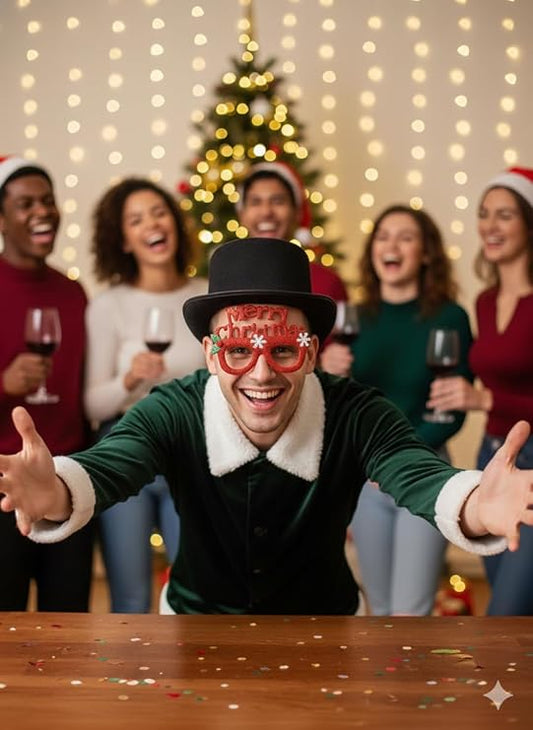 Labreeze Merry Christmas Red Glitter Glasses & Black Velour Top Hat Set – Victorian Dickens Style Festive Accessories for Adults  📝 Description