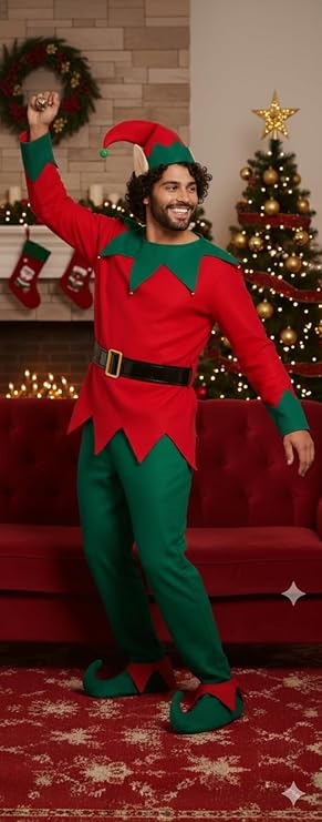 labreeze Men’s Christmas Elf Costume – One Size Adult 5-Piece Fancy Dress Outfit