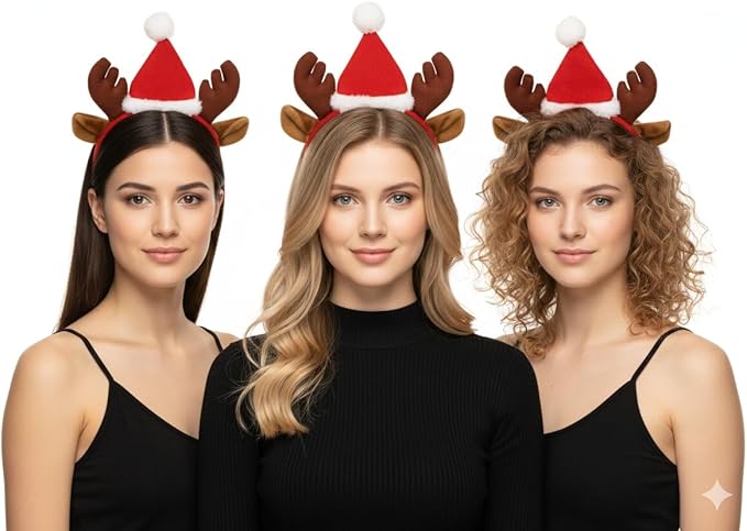 labreeze Pack of 3 Reindeer Antler Headbands with Ears and Santa Hat – Christmas Hair Accessories for Women