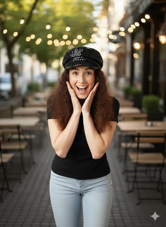 labreeze Black Sequin Newsboy Cap – 70’s Disco Style Adult Costume Accessory Hat, One Size