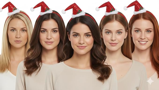 labreeze Pack of 5 Mini Santa Hat Headbands for Women – Christmas Hair Accessories for Festive Parties