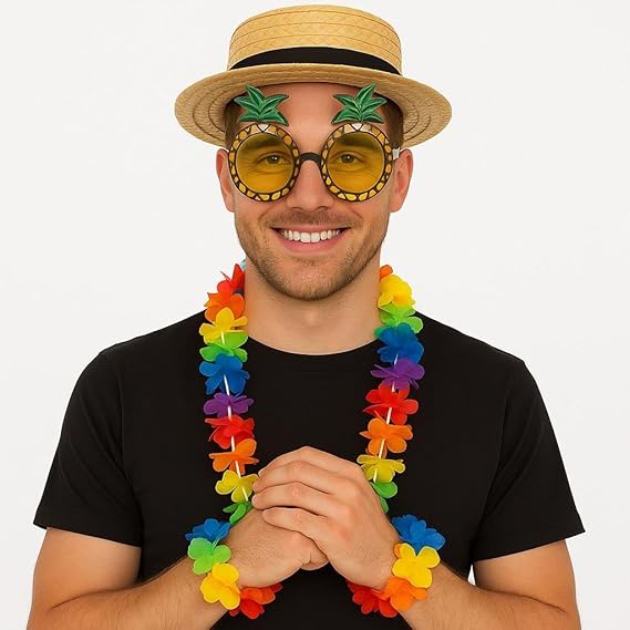 labreeze Hawaiian Party Costume Set, Straw Boater Hat with Pineapple Sunglasses and Rainbow Lei, Adult One Size - Labreeze Ltd