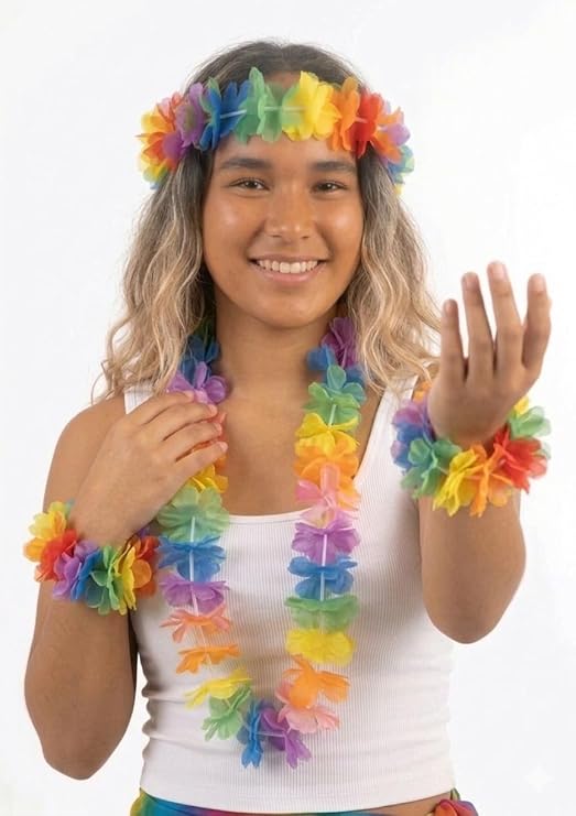 labreeze Hula Lei 4 Piece Set – Multicoloured Neon Hawaiian Party Accessories