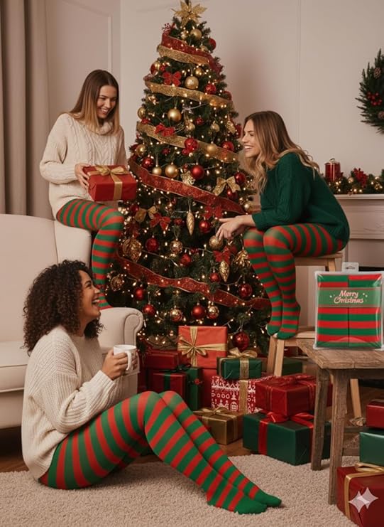 labreeze Pack of 3 Women’s Red and Green Christmas Tights – Festive Candy Cane Striped Elf Tights for Holiday Costumes & Parties