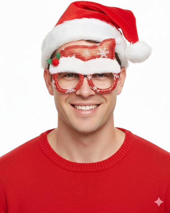 Labreeze Santa Hat with Novelty Glasses – Red & White Christmas Accessory with Holly Accent for Adults