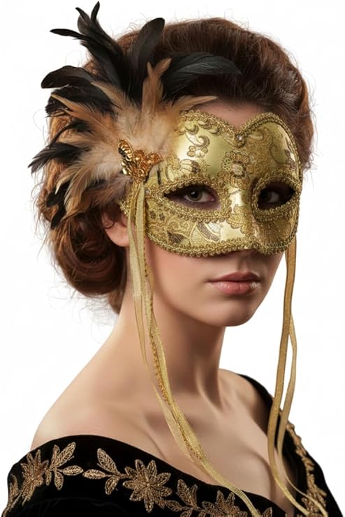 labreeze Gold Venetian Masquerade Eye Mask with Feather – Glitter & Ribbon Costume Accessory