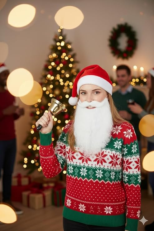 labreeze Santa Hat with Santa Beard & Gold Hand-Held Bell – Women’s Christmas Fancy Dress Accessory Set
