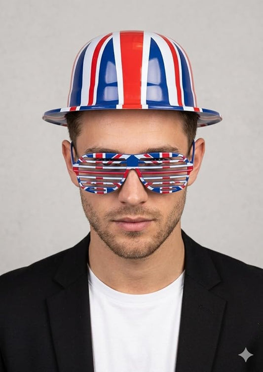 Union Jack Plastic Bowler Hat & Shutter Glasses Set – Red British Pride Costume Accessory (Adult Unisex) - Labreeze Ltd