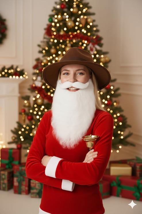 labreeze Brown Explorer Hat with Santa Beard & Gold Hand-Held Bell – Women’s Christmas Fancy Dress Accessory Set