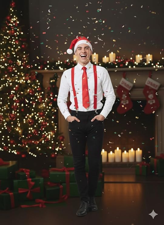 Labreeze Santa Helper Accessory Set – Red Suspenders, Red Tie & Santa Hat for Adults