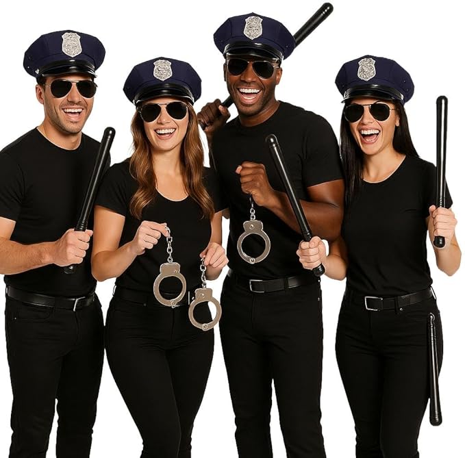 labreeze Police Costume Accessories Set – 4 Police Hats, 4 Black Sunglasses, 4 Truncheons & 2 Handcuffs – Group Fancy Dress Kit for Adults, Men & Women, Halloween, Cosplay, Theme Parties